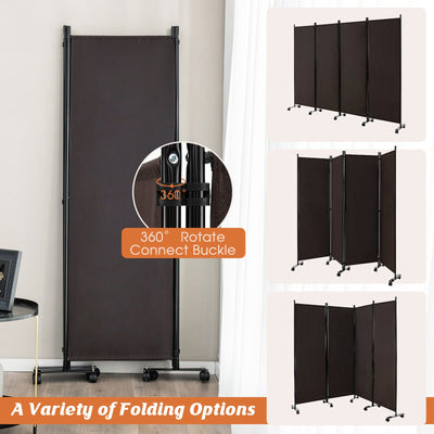 4-Panel Folding Room Divider 6 Feet Rolling Privacy Screen with Lockable Wheels-Brown