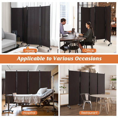 4-Panel Folding Room Divider 6 Feet Rolling Privacy Screen with Lockable Wheels-Brown