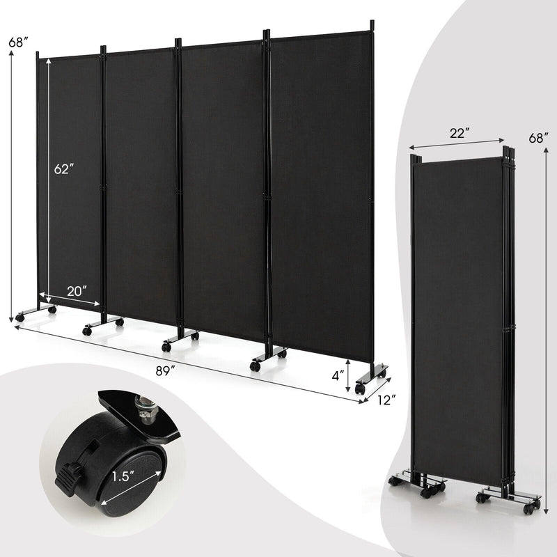 4-Panel Folding Room Divider 6 Feet Rolling Privacy Screen with Lockable Wheels-Black