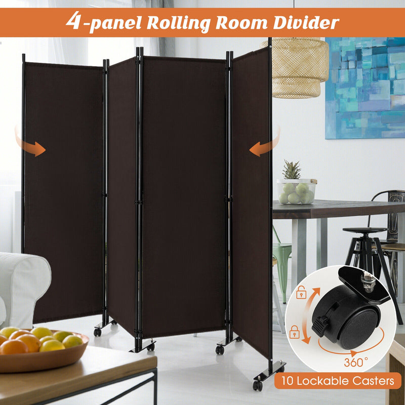 4-Panel Folding Room Divider 6 Feet Rolling Privacy Screen with Lockable Wheels-Brown