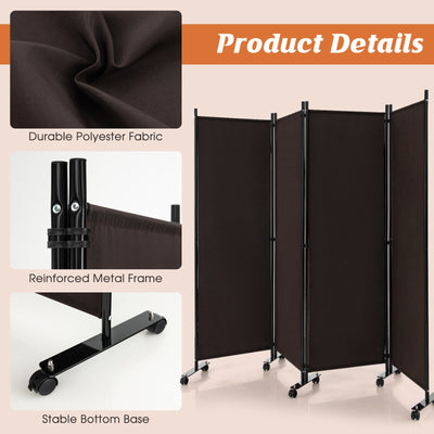 4-Panel Folding Room Divider 6 Feet Rolling Privacy Screen with Lockable Wheels-Brown