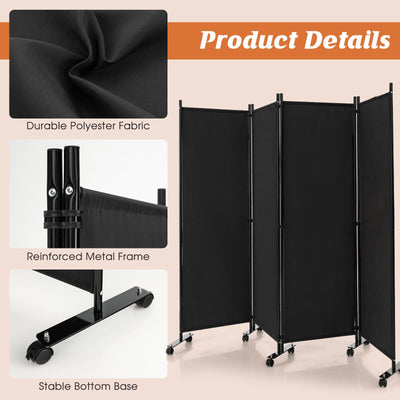 4-Panel Folding Room Divider 6 Feet Rolling Privacy Screen with Lockable Wheels-Black