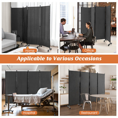 4-Panel Folding Room Divider 6 Feet Rolling Privacy Screen with Lockable Wheels-Gray