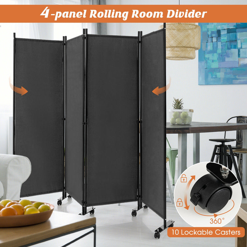 4-Panel Folding Room Divider 6 Feet Rolling Privacy Screen with Lockable Wheels-Gray