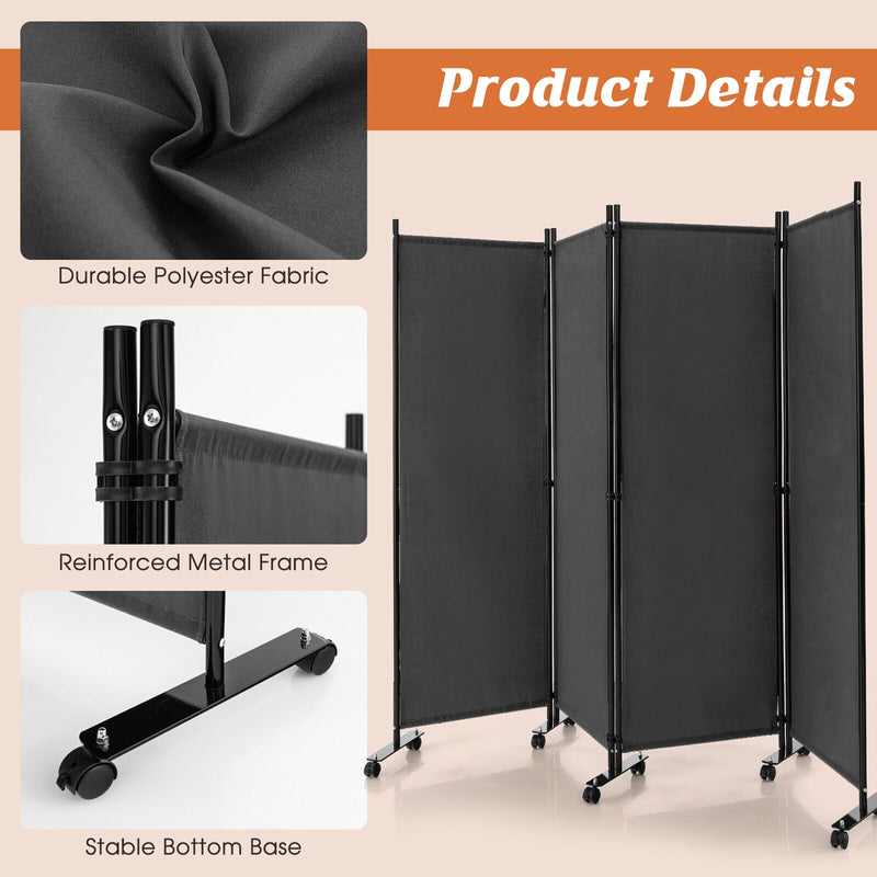 4-Panel Folding Room Divider 6 Feet Rolling Privacy Screen with Lockable Wheels-Gray