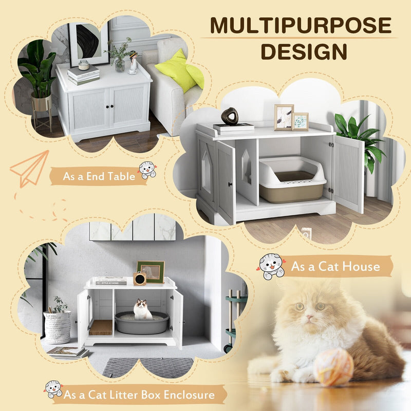 Wooden Cat House with Scratching Pad and Adjustable Divider-White