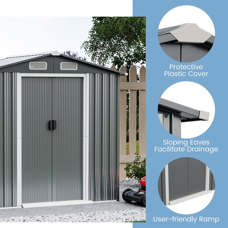 6 x 4 Feet Galvanized Steel Storage Shed with Lockable Sliding Doors-Gray