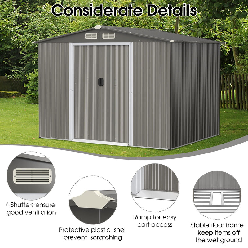 8 x 6 Feet Galvanized Steel Storage Shed for Garden Yard-Gray