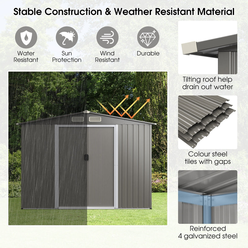 8 x 6 Feet Galvanized Steel Storage Shed for Garden Yard-Gray