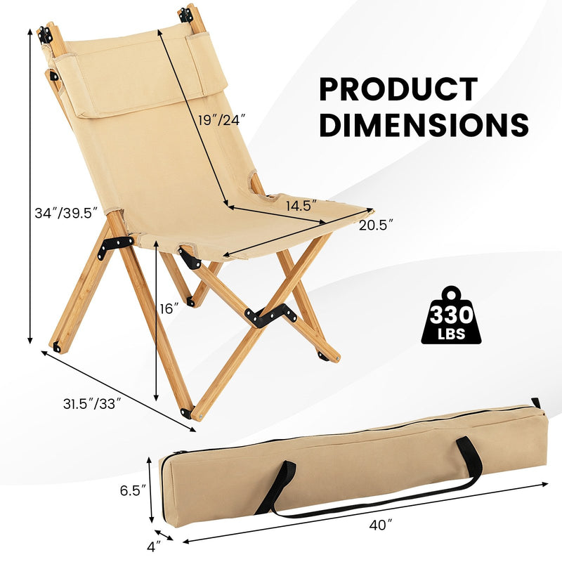 Bamboo Folding Camping Chair with 2-Level Adjustable Backrest-Natural