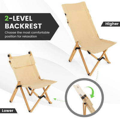 Bamboo Folding Camping Chair with 2-Level Adjustable Backrest-Natural