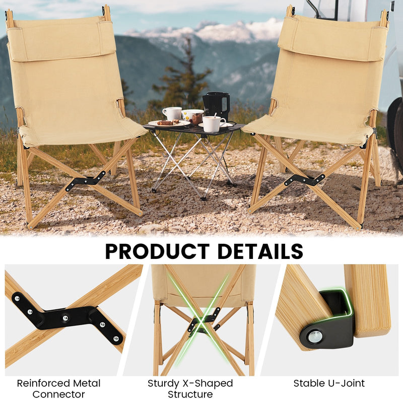 Bamboo Folding Camping Chair with 2-Level Adjustable Backrest-Natural