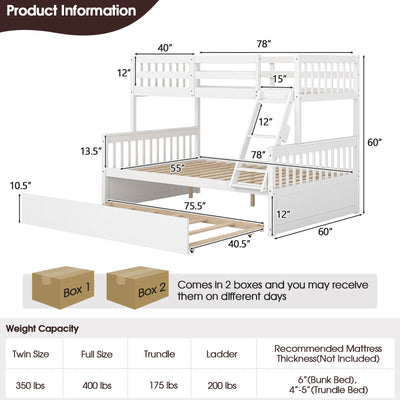 Twin Over Full Convertible Bunk Bed with Twin Trundle-White