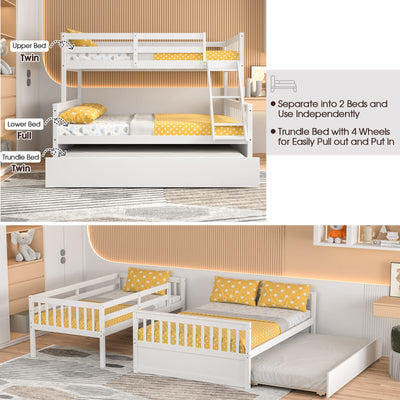 Twin Over Full Convertible Bunk Bed with Twin Trundle-White