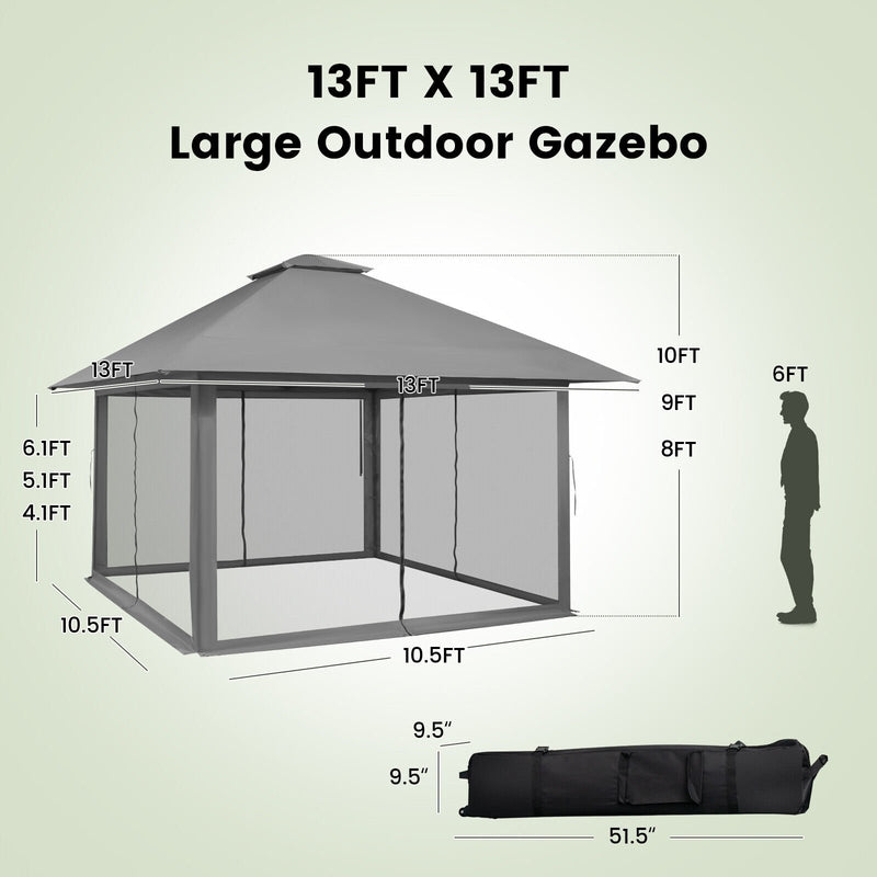 13 x 13 Feet Pop-up Instant Canopy Tent with Mesh Sidewall-Gray