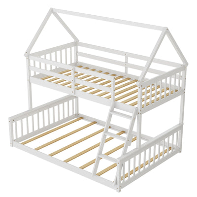 Twin Over Full House Bunk Bed with Ladder and Guardrails-White