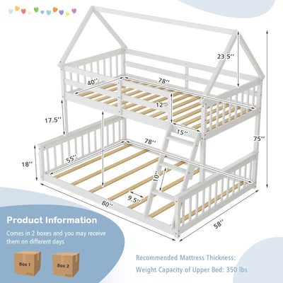 Twin Over Full House Bunk Bed with Ladder and Guardrails-White