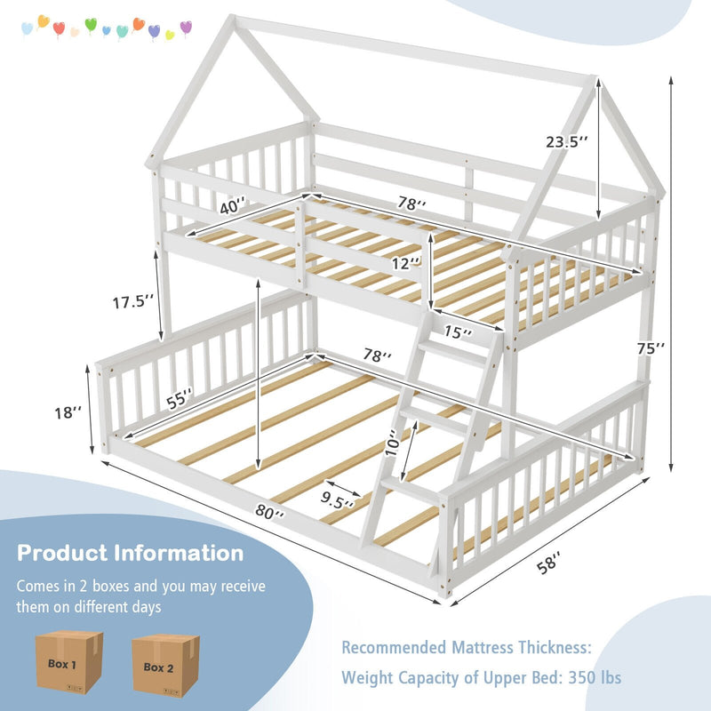 Twin Over Full House Bunk Bed with Ladder and Guardrails-White