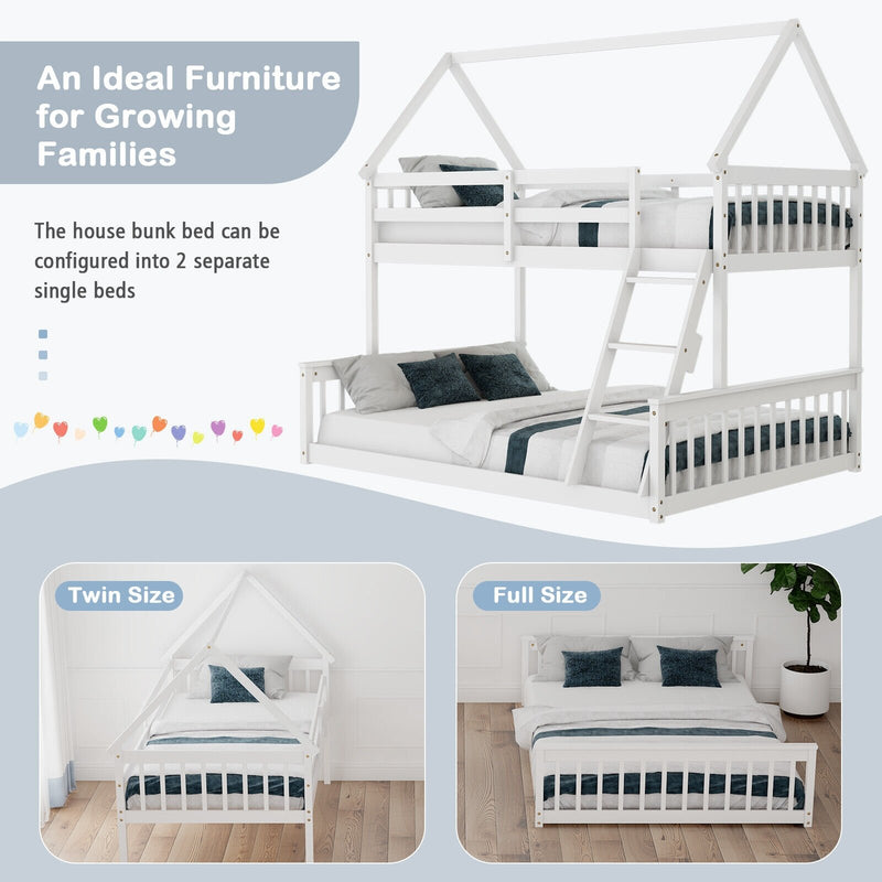 Twin Over Full House Bunk Bed with Ladder and Guardrails-White