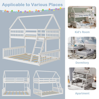 Twin Over Full House Bunk Bed with Ladder and Guardrails-White