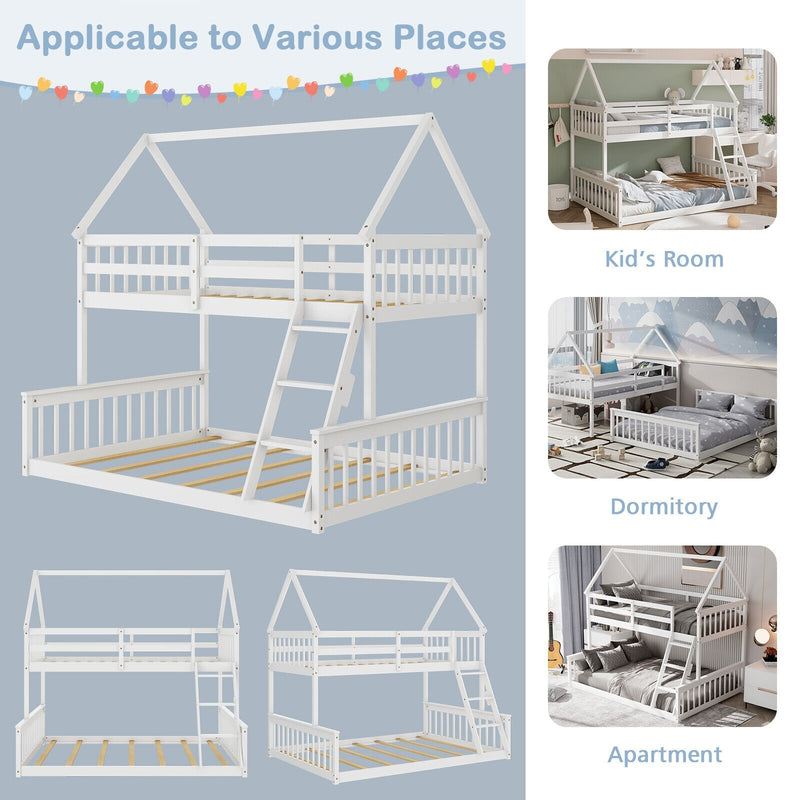 Twin Over Full House Bunk Bed with Ladder and Guardrails-White