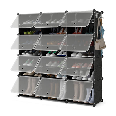 12-Cube 48 Pairs Portable Shoe Shelves with Hook-Black