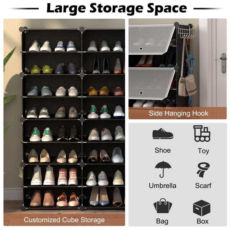 12-Cube 48 Pairs Portable Shoe Shelves with Hook-Black