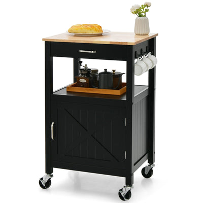 Rolling Kitchen Island Cart with Drawer and Side Hooks-Black