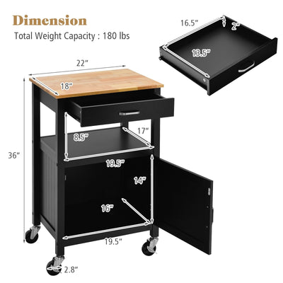 Rolling Kitchen Island Cart with Drawer and Side Hooks-Black