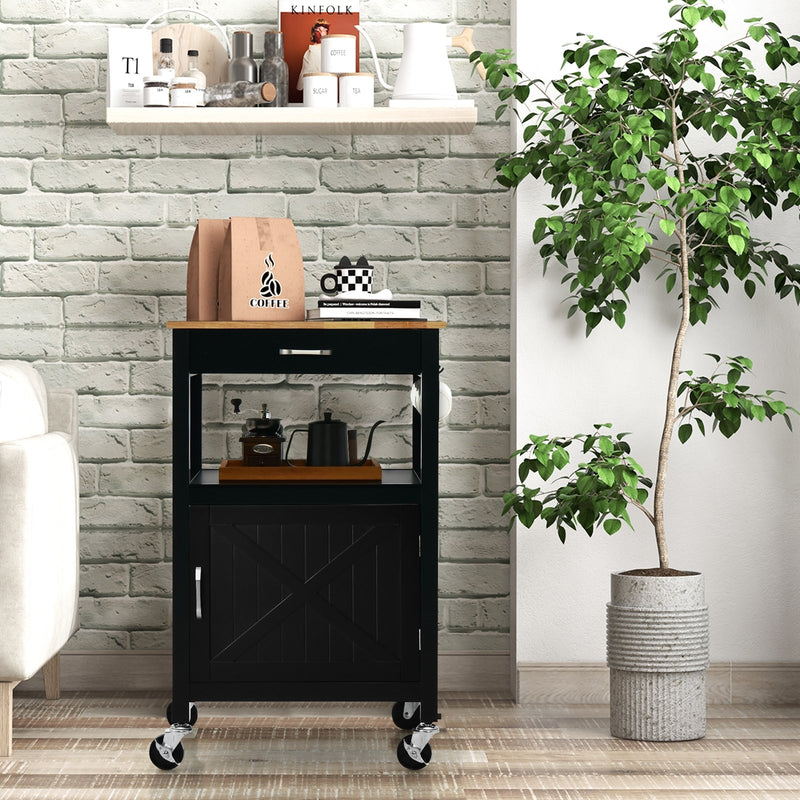 Rolling Kitchen Island Cart with Drawer and Side Hooks-Black