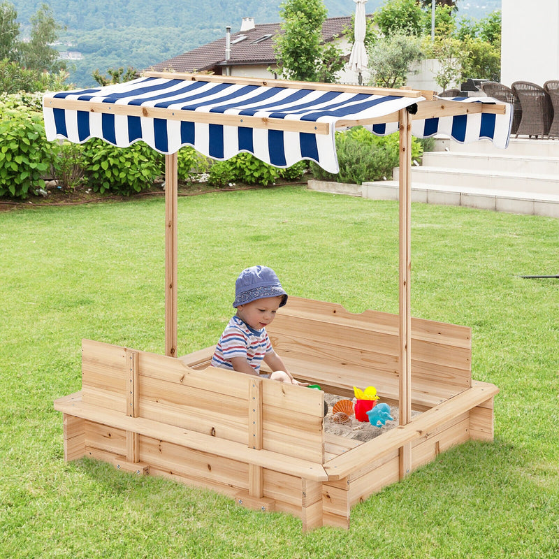 Kids Wooden Sandbox with Canopy and Bench Seats-Blue