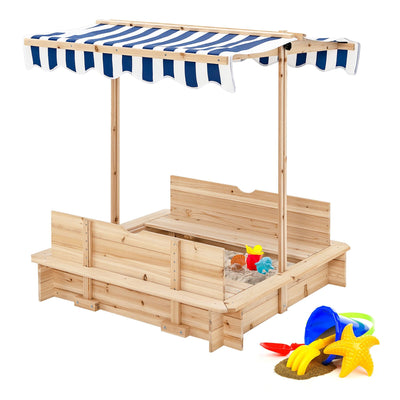 Kids Wooden Sandbox with Canopy and Bench Seats-Blue