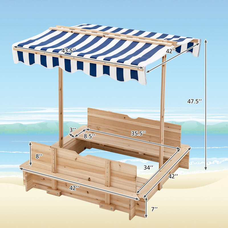 Kids Wooden Sandbox with Canopy and Bench Seats-Blue