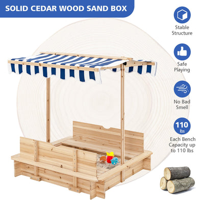 Kids Wooden Sandbox with Canopy and Bench Seats-Blue