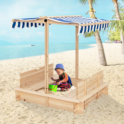 Kids Wooden Sandbox with Canopy and Bench Seats-Blue