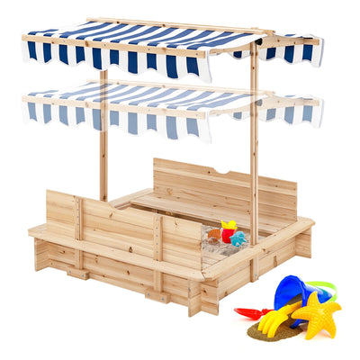 Kids Wooden Sandbox with Canopy and Bench Seats-Blue