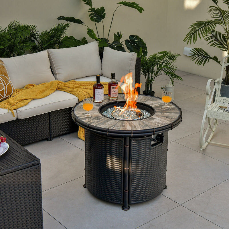 32 Inch Patio Round 30000 BTU Propane Fire Pit Table with Fire Glasses and PVC Cover