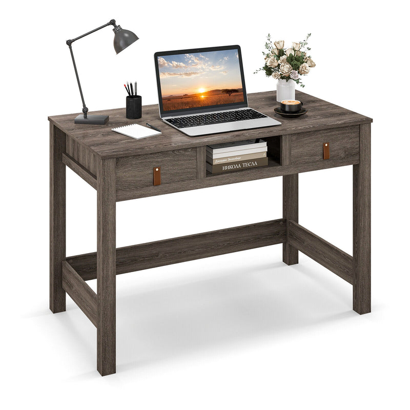 Mid-century Computer Desk with 2 Drawers and Cubby-Oak