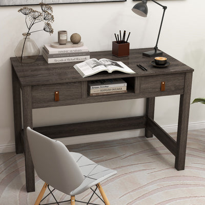 Mid-century Computer Desk with 2 Drawers and Cubby-Oak