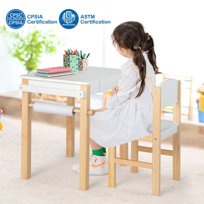 Kids Art Table and Chair Set with Drawer Paper Roll and 2 Markers-White