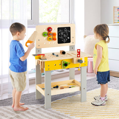 Wooden Pretend Play Workbench Set with Blackboard for Toddlers Ages 3+