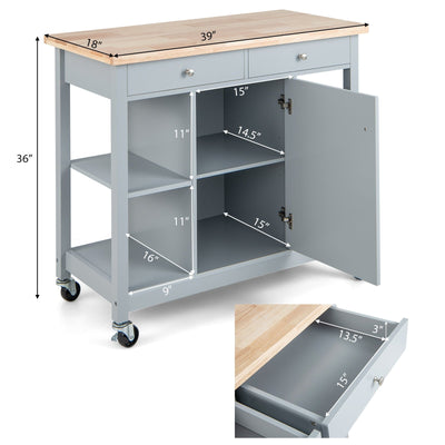 Mobile Kitchen Island Cart with 4 Open Shelves and 2 Drawers