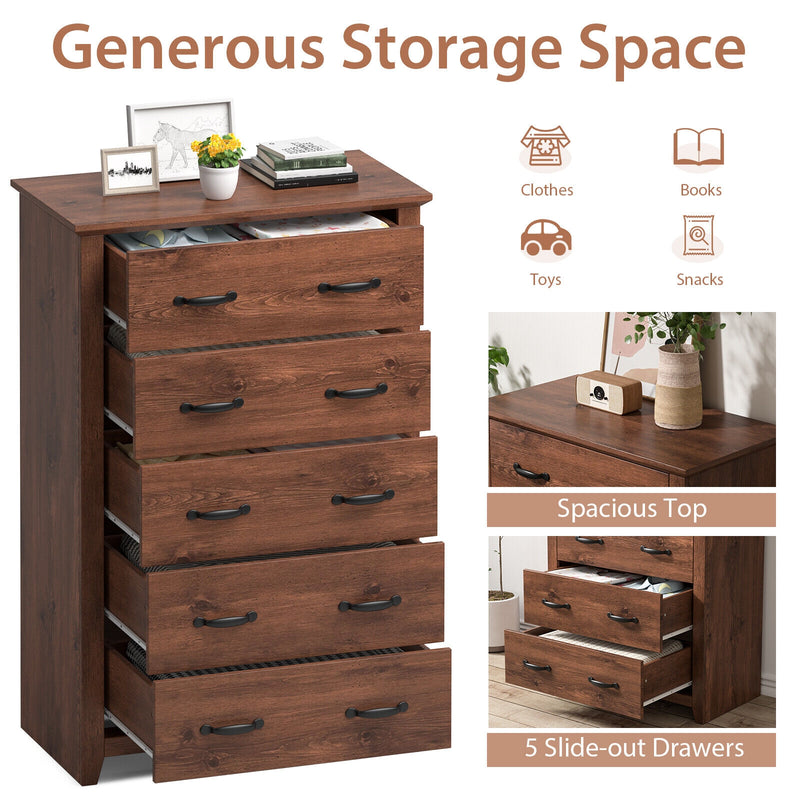 Tall Storage Dresser with 5 Pull-out Drawers for Bedroom Living Room-Walnut