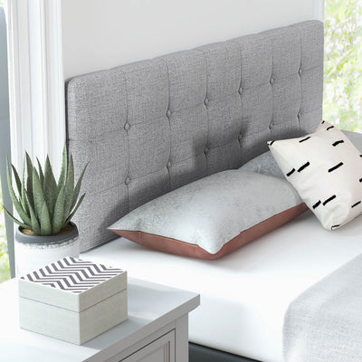 Linen Upholstered Headboard with Solid Rubber Wood Legs-Gray