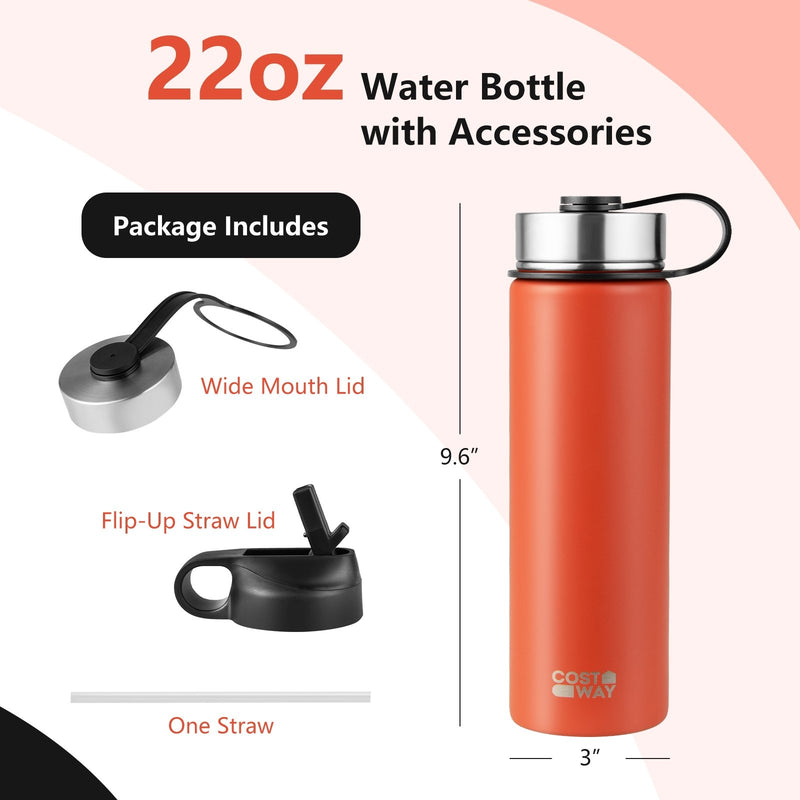 22 Oz Double-walled Insulated Stainless Steel Water Bottle with 2 Lids and Straw-Orange