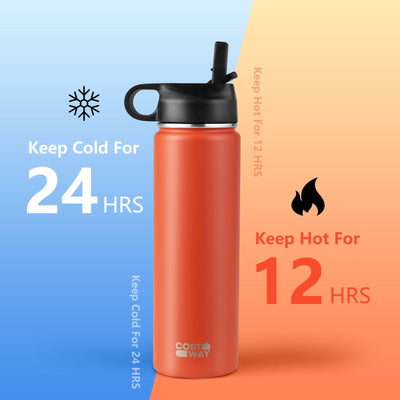 22 Oz Double-walled Insulated Stainless Steel Water Bottle with 2 Lids and Straw-Orange