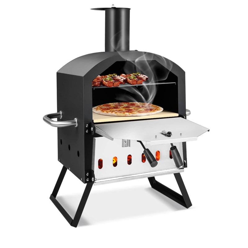 Outdoor Pizza Oven with Anti-scalding Handles and Foldable Legs-Black