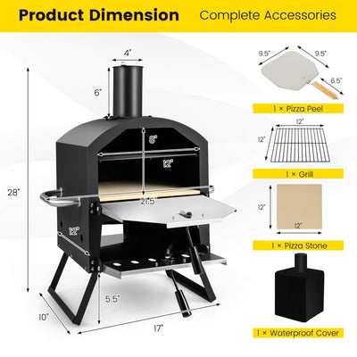 Outdoor Pizza Oven with Anti-scalding Handles and Foldable Legs-Black