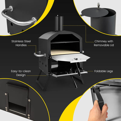 Outdoor Pizza Oven with Anti-scalding Handles and Foldable Legs-Black