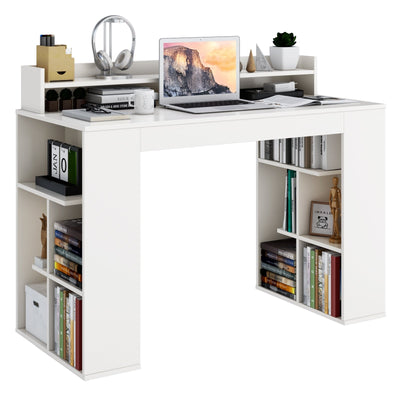 Office Computer Desk with Dual 3 Tier Bookshelf and Monitor Shelf-White